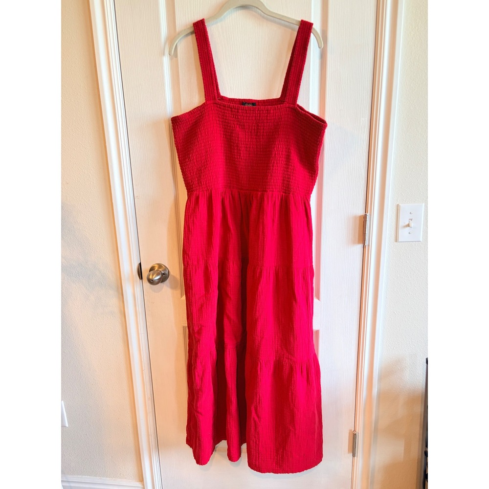 Quince Organic Cotton Gauze Smocked Midi Dress Red XL Tiered Sundress Pockets!